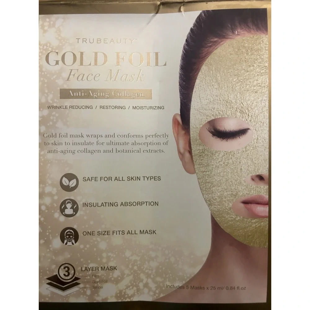 Tru Beauty Gold Foil Face Mask 5 Pack Anti Aging Collagen Triple Layer Gold Foil